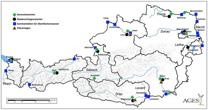 Sampling points of the laboratory-based monitoring network for environmental samples (Enlarges Image in Dialog Window)