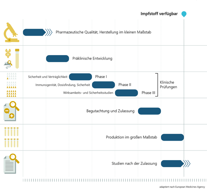 Ablaufdiagramm der herkömmlichen Entwicklung und Zulassung von Impfstoffen (Vergrößert das Bild in einem Dialog Fenster)