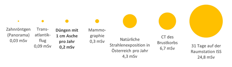 Zum Vergleich:  Ein Panorama Zahnröntgen entspricht einer Dosis von 0,03 Millisievert. Ein Transatlantikflug oder eine Lungenröntgenaufnahme entspricht einer Dosis von ca. 0,05 – 0,09 Millisievert, Düngen mit ein Zentimeter Asche pro Jahr entspricht 0,2 Millisievert, eine Mammografieuntersuchung ca. 0,2 bis 0,3 Millisievert. Die natürliche Strahlenexposition in Österreich beträgt ca. 3 Millisievert pro Jahr. Ein CT des Brustkorbs entspricht 6,7 Millisievert und 31 Tage auf der Raumstation ISS 24,8 Millisievert.