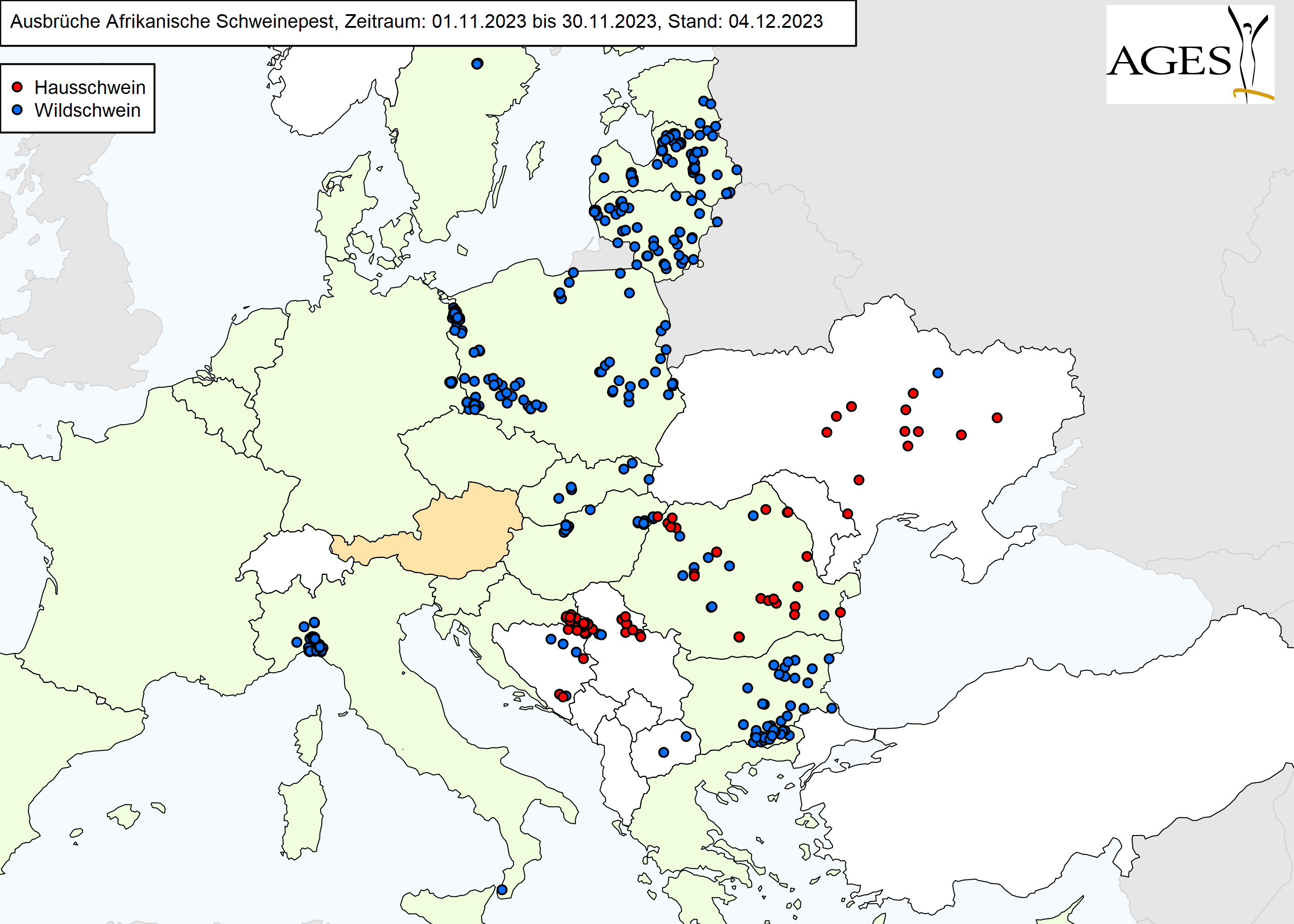 Europakarte zu ASP-Ausbrüche wie in "Situation in Europa" beschrieben.