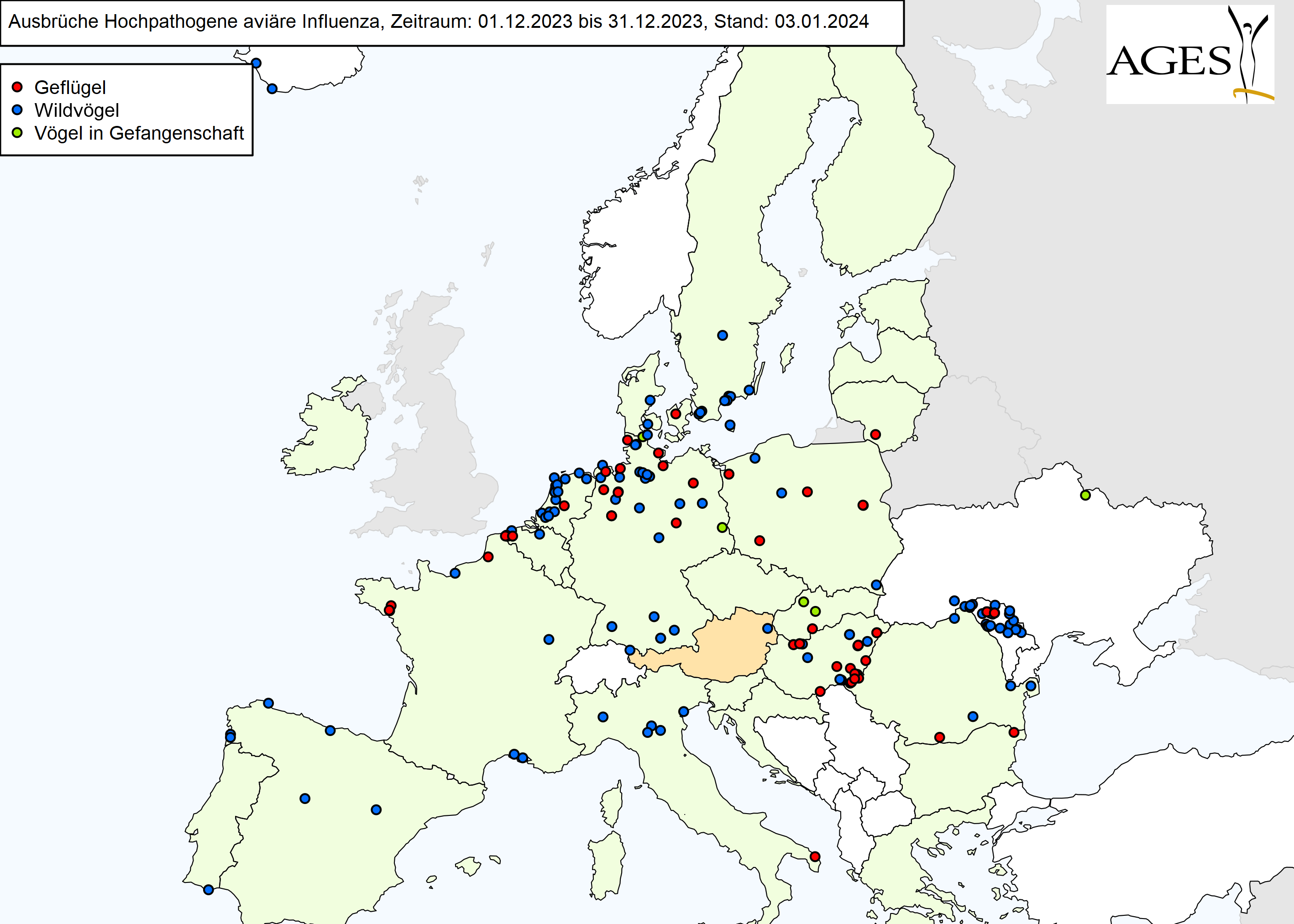 Europakarte zu HPAI-Ausbrüchen wie in "Situation in Europa" beschrieben.