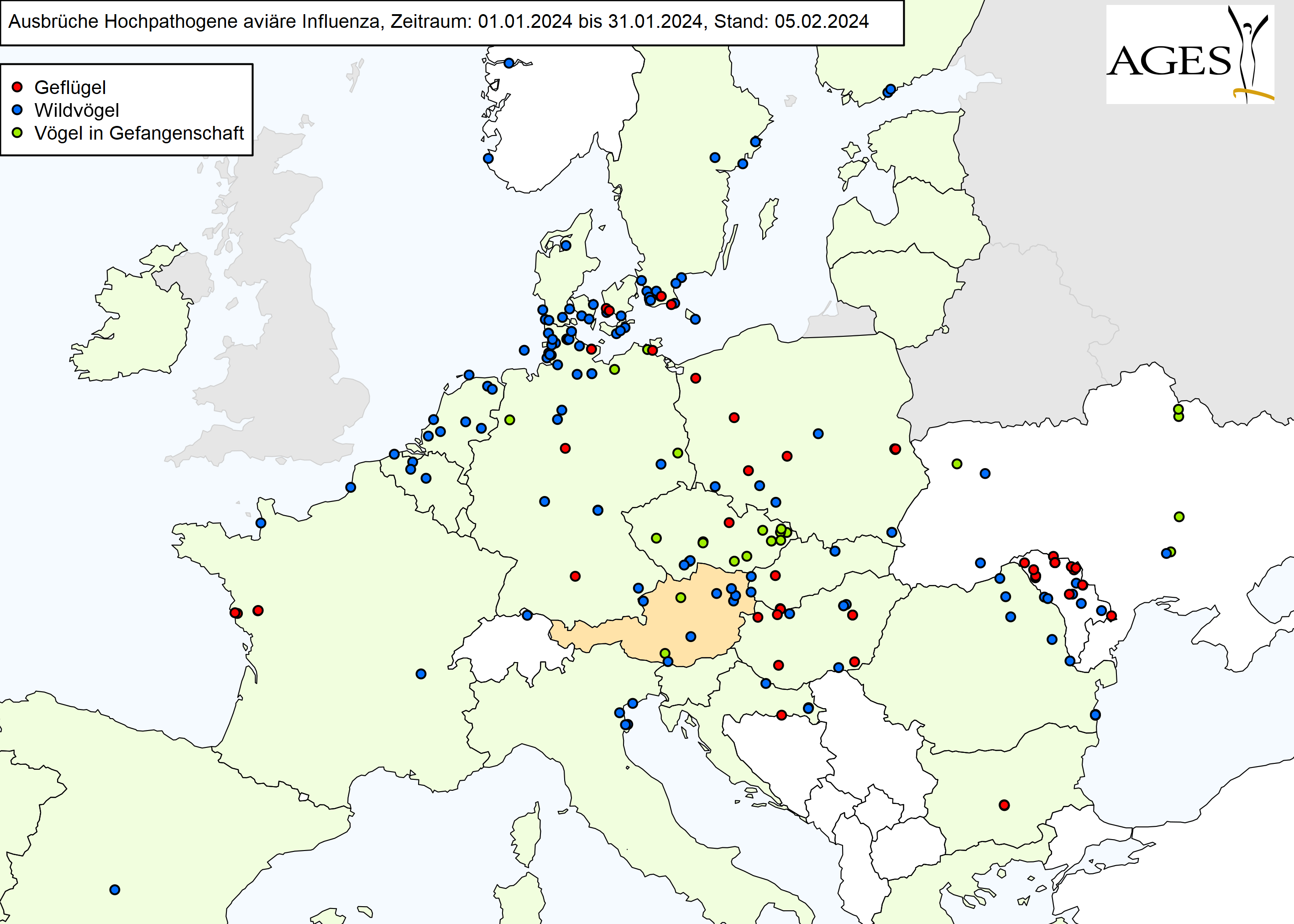 Europakarte zu HPAI-Ausbrüchen wie in "Situation in Europa" beschrieben.