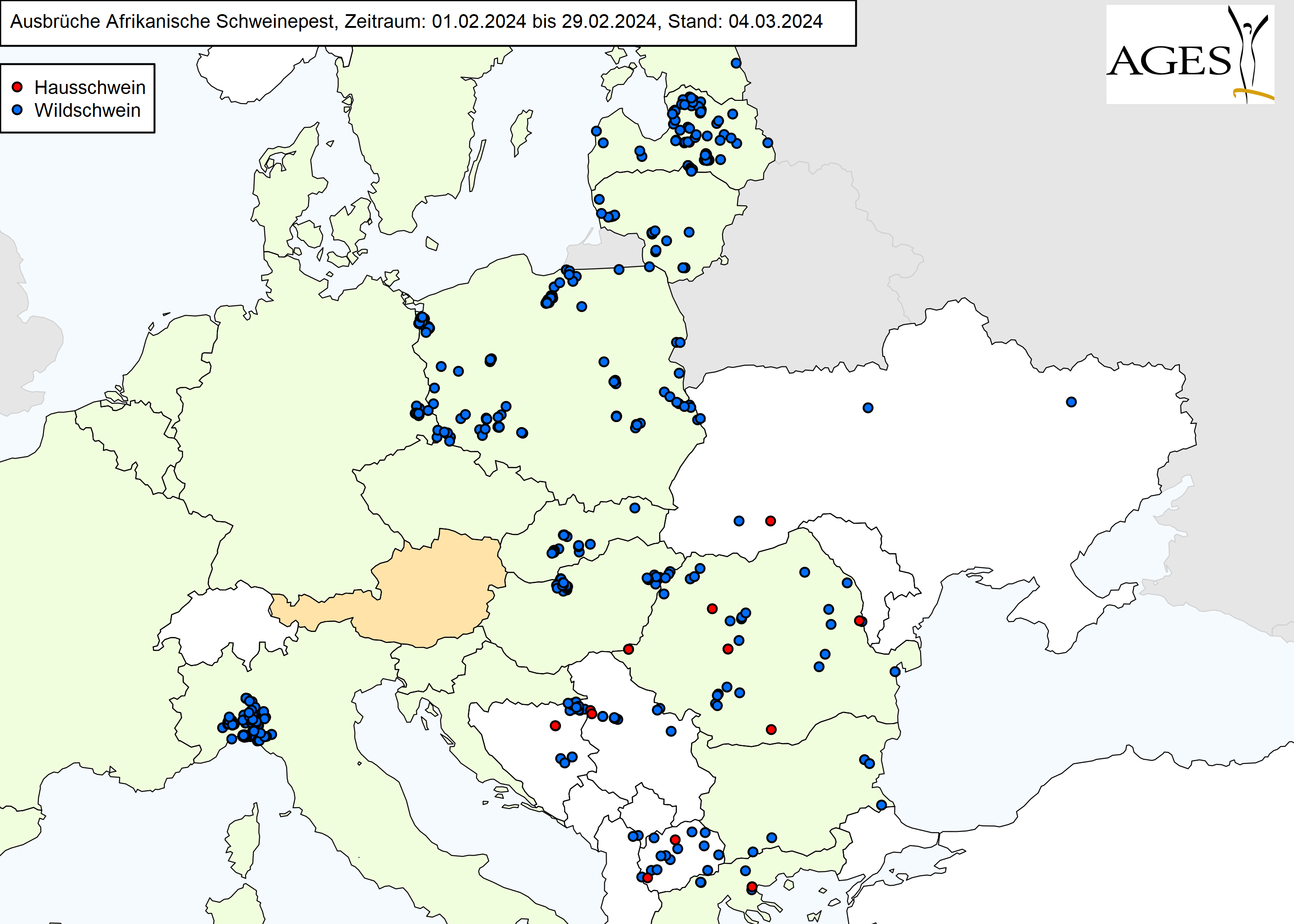 Europakarte zu ASP-Ausbrüche wie in "Situation in Europa" beschrieben.