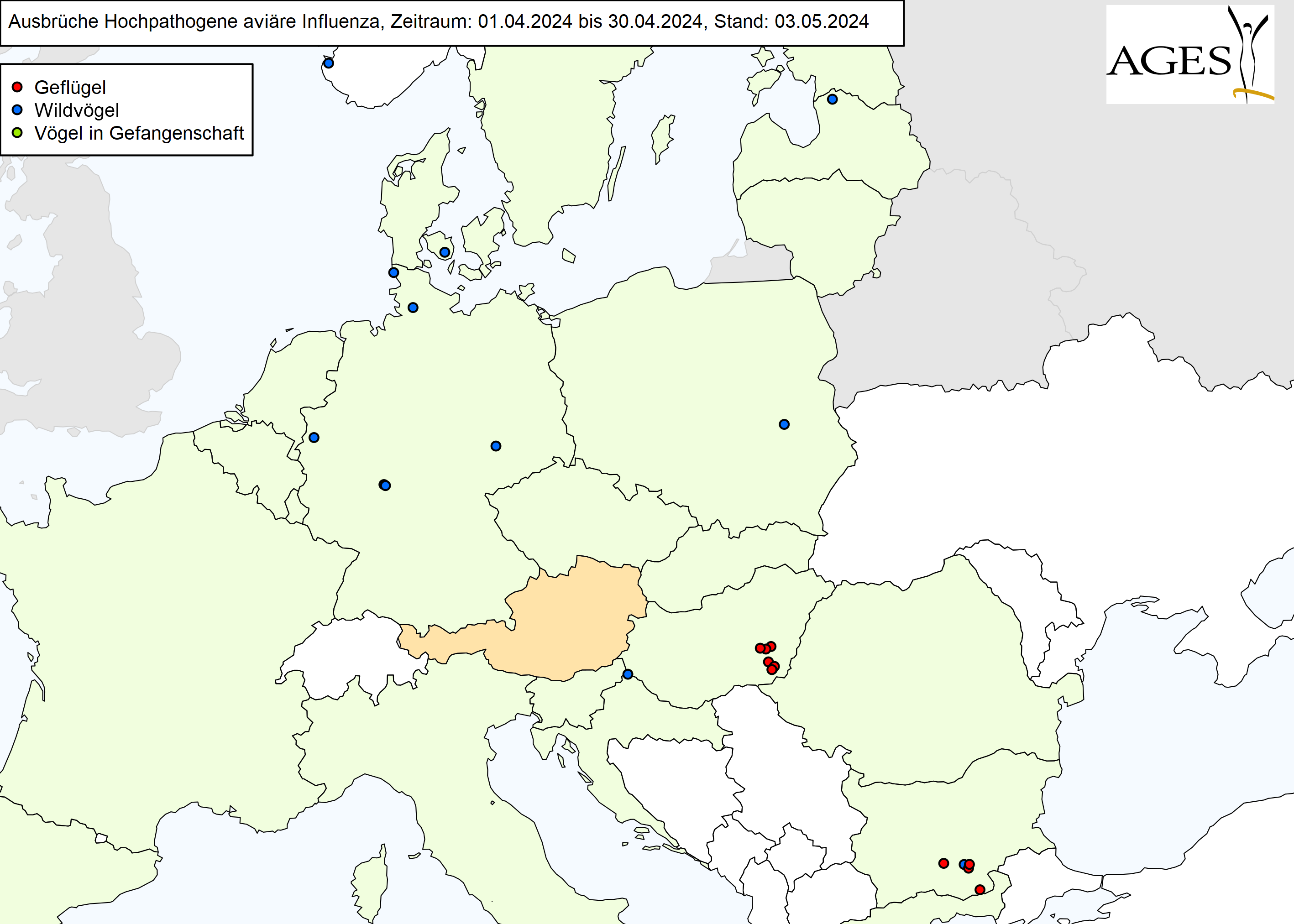 Europakarte zu HPAI-Ausbrüchen wie in "Situation in Europa" beschrieben.