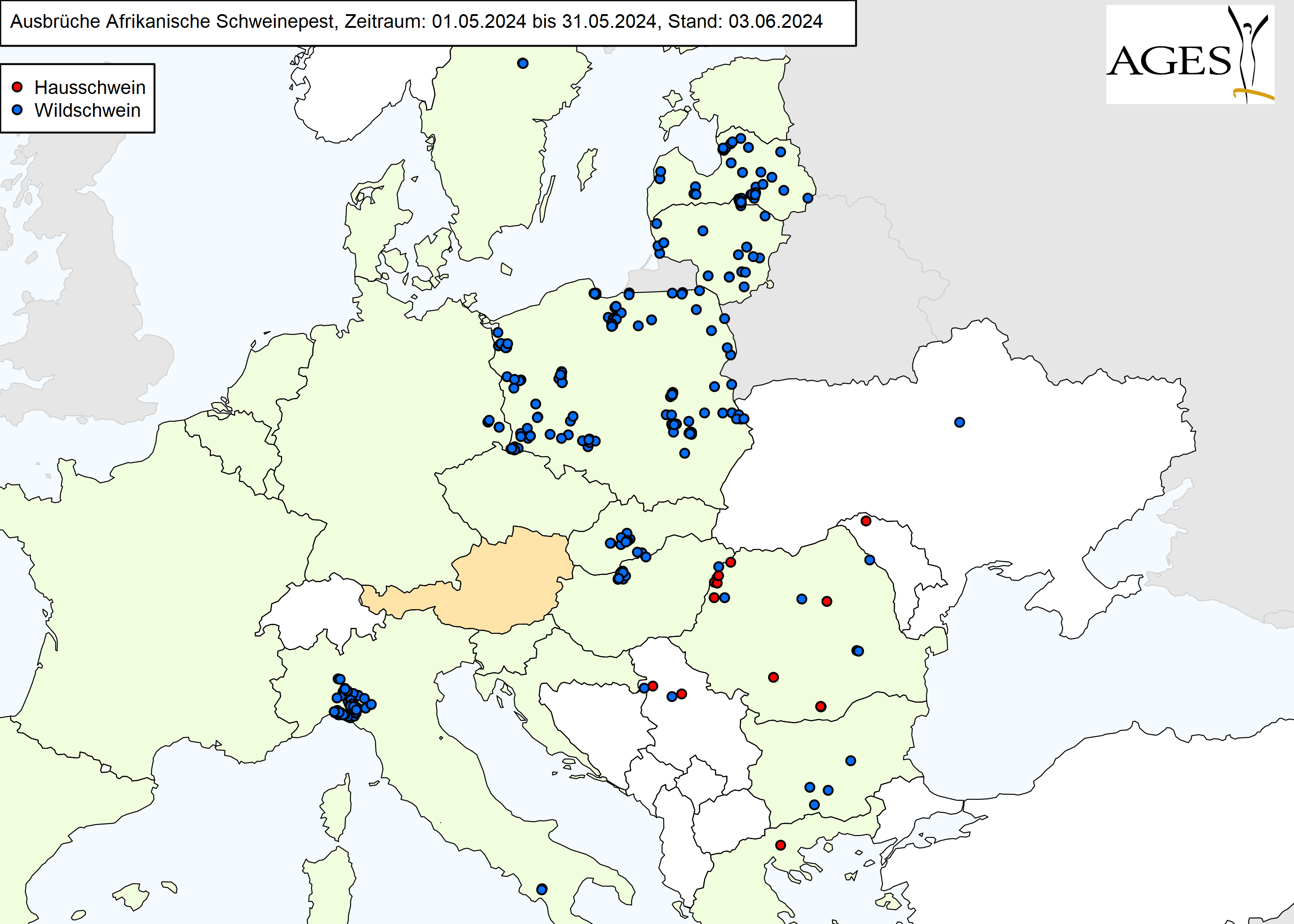 Europakarte zu ASP-Ausbrüche wie in "Situation in Europa" beschrieben.