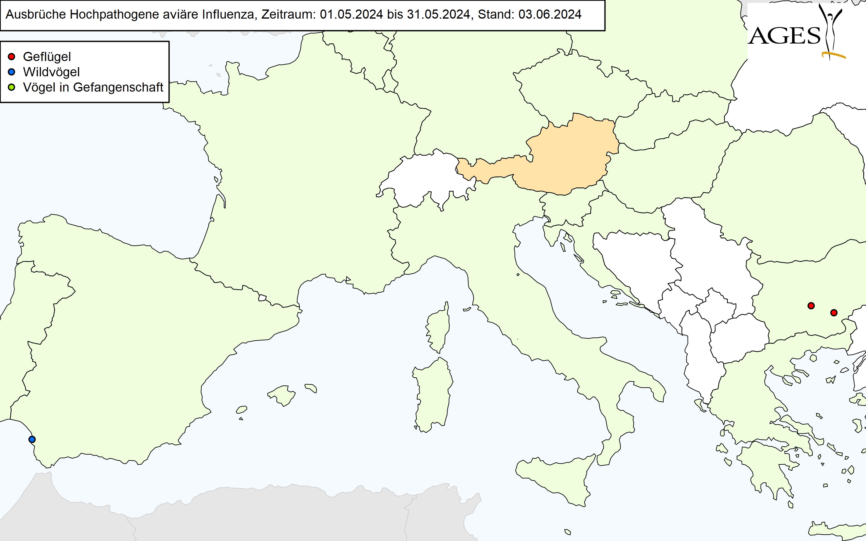 Europakarte zu HPAI-Ausbrüchen wie in "Situation in Europa" beschrieben.