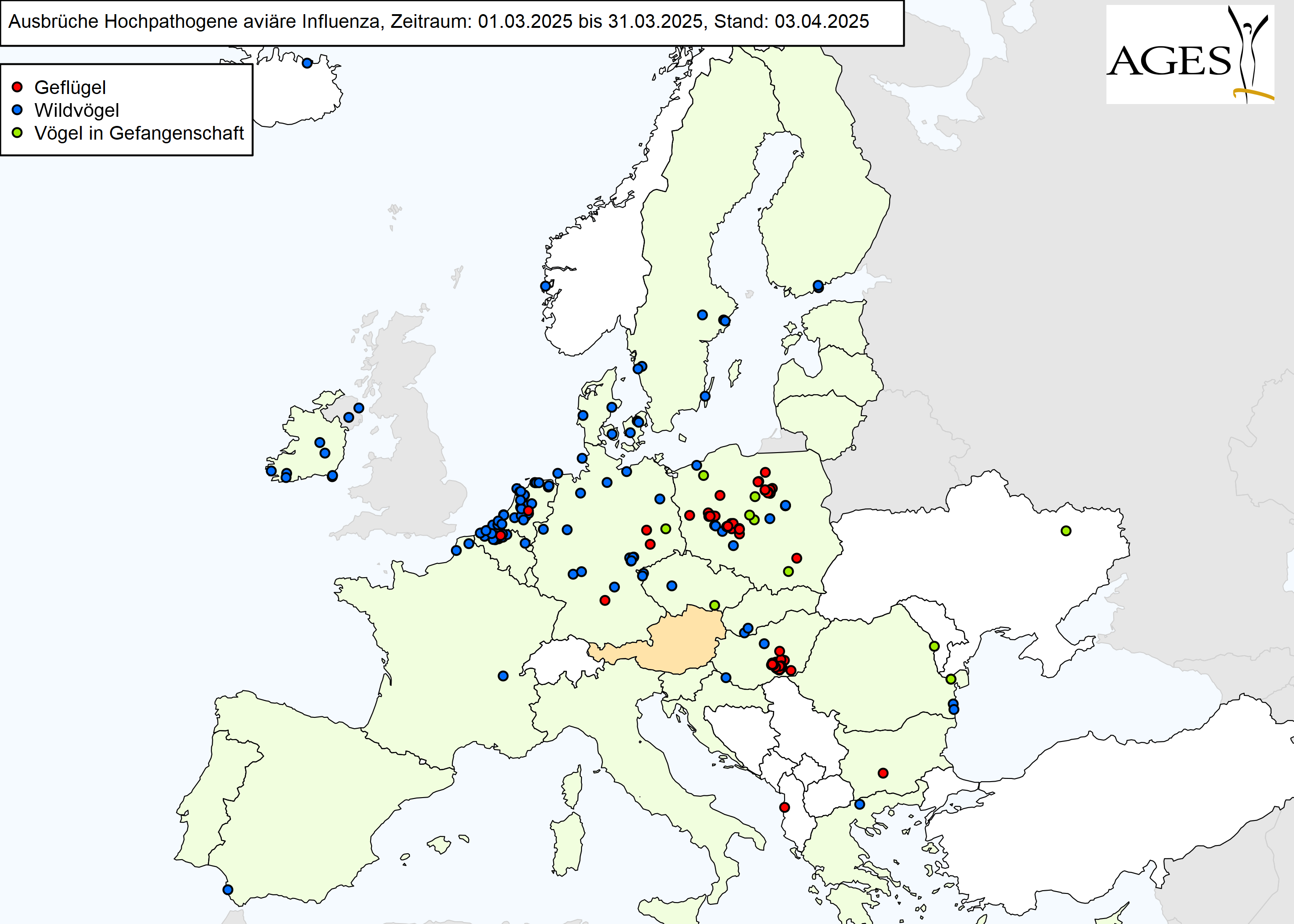 Europakarte zu HPAI-Ausbrüchen wie in "Situation in Europa" beschrieben.